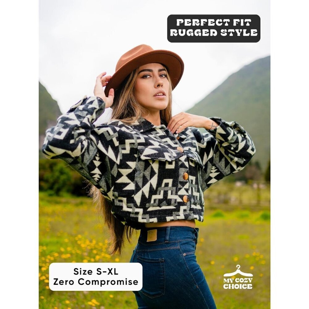 Women's Cropped Jacket 2025 Spring Alpaca Jacket Shacket Long Sleeve Black Beige - Picture 6 of 7